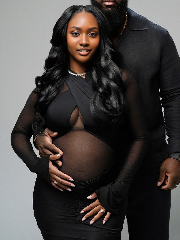 Black Grenadine Sheer Ruched Photoshoot Maternity Maxi Dress for Maternity