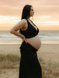 Black Halter Neck Ruched Two Piece Maternity Photoshoot Maxi Dress for Maternity
