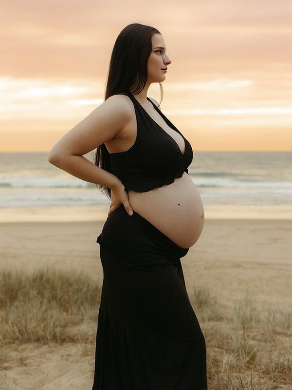 Black Halter Neck Ruched Two Piece Maternity Photoshoot Maxi Dress for Maternity