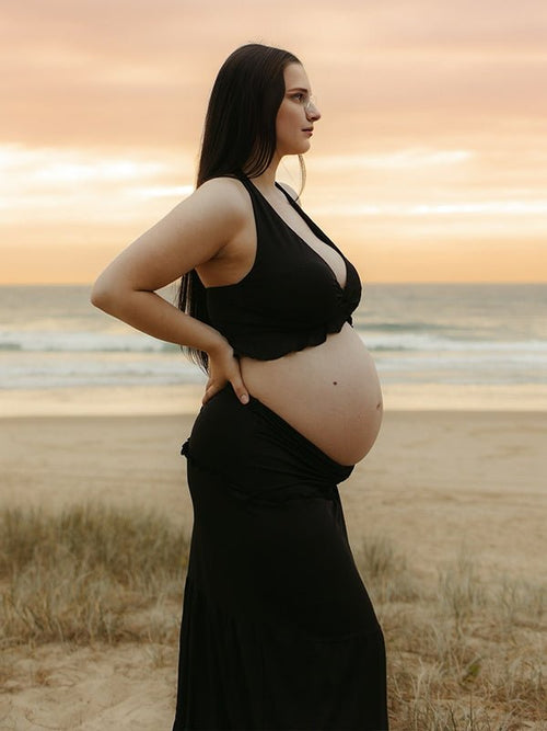 Black Halter Neck Ruched Two Piece Maternity Photoshoot Maxi Dress for Maternity