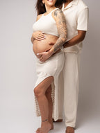 White Halter Neck Side Slit Crochet Two Piece Maternity Photoshoot Maxi Dress for Maternity