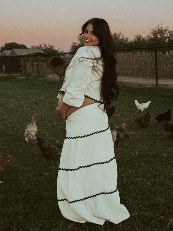 Beige Lace-up Spliced Two Piece Maternity Photoshoot Maxi Dress for Maternity