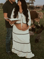 Beige Lace-up Spliced Two Piece Maternity Photoshoot Maxi Dress for Maternity