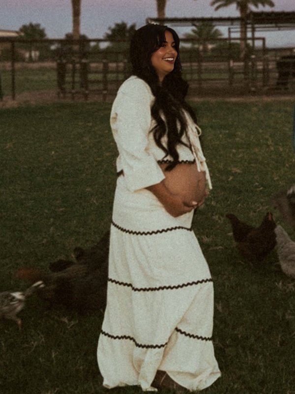 Beige Lace-up Spliced Two Piece Maternity Photoshoot Maxi Dress for Maternity
