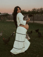 Beige Lace-up Spliced Two Piece Maternity Photoshoot Maxi Dress for Maternity