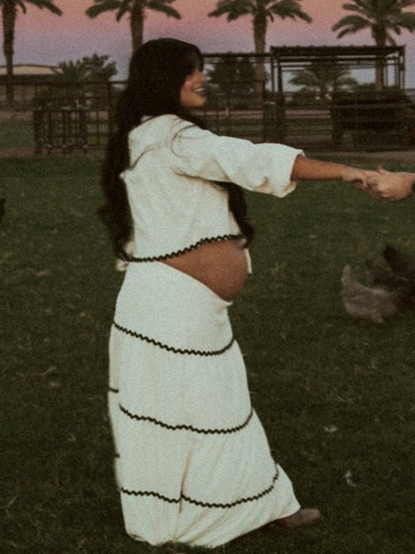 Beige Lace-up Spliced Two Piece Maternity Photoshoot Maxi Dress for Maternity