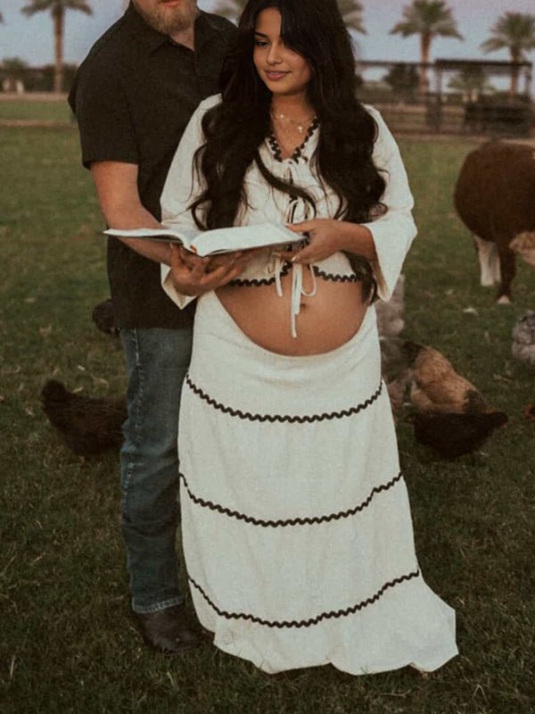 Beige Lace-up Spliced Two Piece Maternity Photoshoot Maxi Dress for Maternity