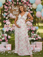Floral Ruffle Falbala Big Swing Backless Flowy Maternity Maxi Dress for Maternity