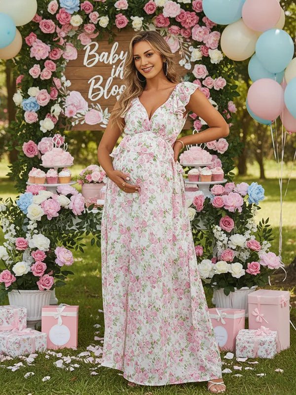 Floral Ruffle Falbala Big Swing Backless Flowy Maternity Maxi Dress for Maternity