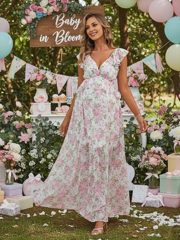 Floral Ruffle Falbala Big Swing Backless Flowy Maternity Maxi Dress for Maternity
