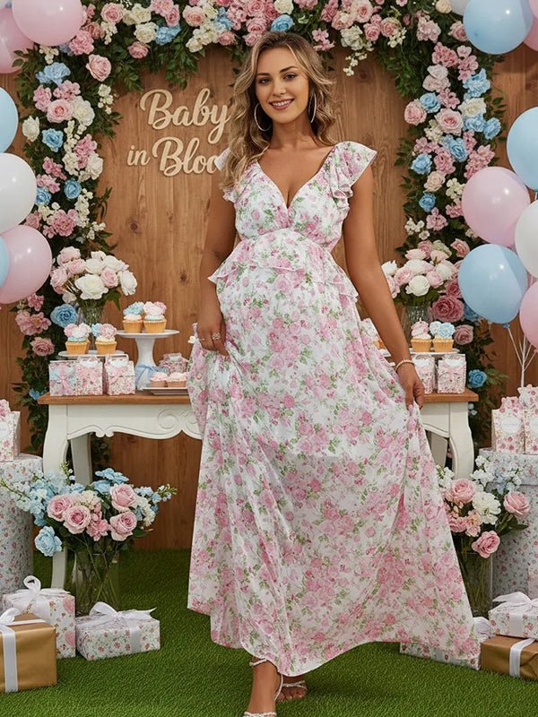 Floral Ruffle Falbala Big Swing Backless Flowy Maternity Maxi Dress for Maternity