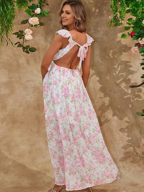 Floral Ruffle Falbala Big Swing Backless Flowy Maternity Maxi Dress for Maternity