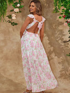 Floral Ruffle Falbala Big Swing Backless Flowy Maternity Maxi Dress for Maternity
