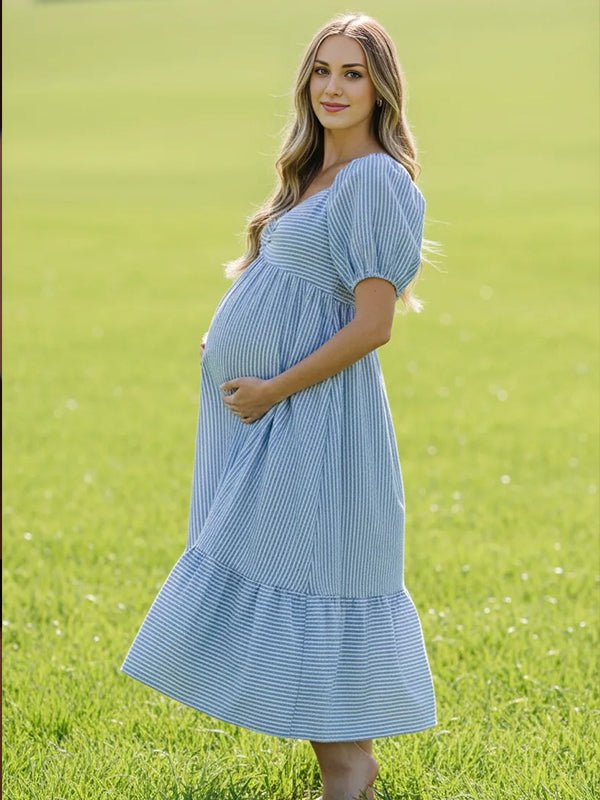 Striped Ruched Puff Sleeve A-line Boho Maternity Maxi Dress for Maternity