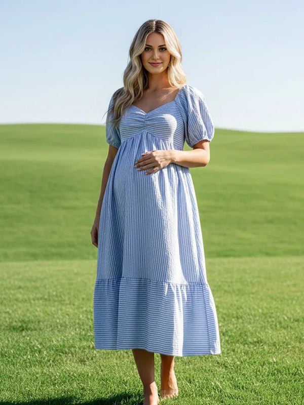 Striped Ruched Puff Sleeve A-line Boho Maternity Maxi Dress for Maternity