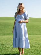 Striped Ruched Puff Sleeve A-line Boho Maternity Maxi Dress for Maternity