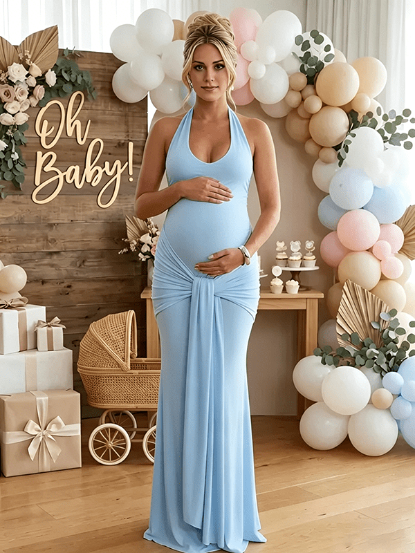 Ruched Bowknot Draped Halter Neck Backless Bodycon Maternity Maxi Dress for Maternity