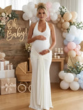 Ruched Bowknot Draped Halter Neck Backless Bodycon Maternity Maxi Dress for Maternity