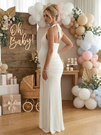 Ruched Bowknot Draped Halter Neck Backless Bodycon Maternity Maxi Dress for Maternity
