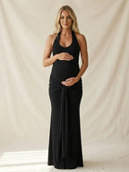 Ruched Bowknot Draped Halter Neck Backless Bodycon Maternity Maxi Dress for Maternity