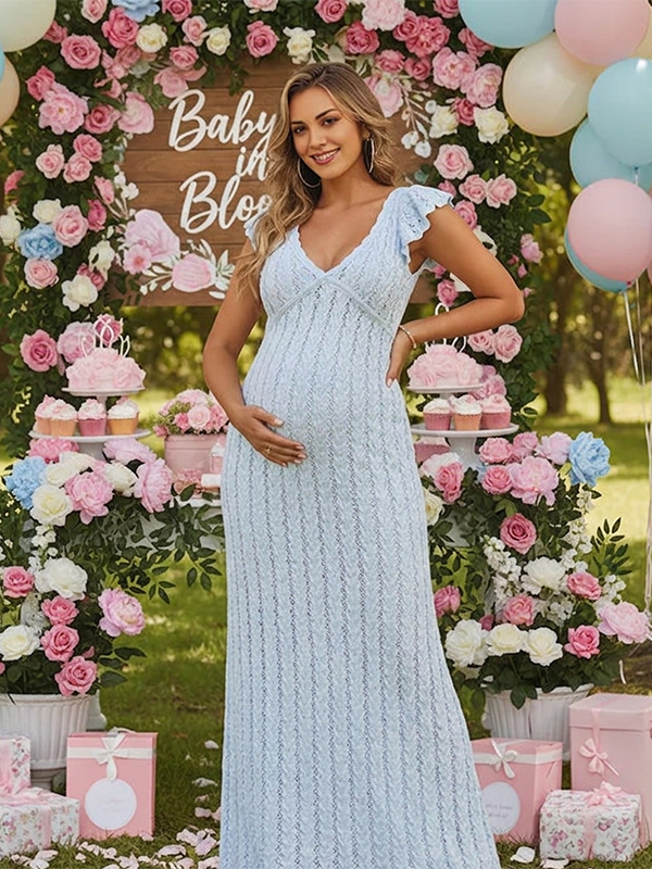 Knit Ruffle Falbala Hollow Out Bodycon Maternity Maxi Sweater Dress for Maternity