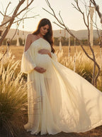 Yellow Mesh Off Shoulder Backless Cami Big Swing Boho Maternity Maxi Dress for Maternity