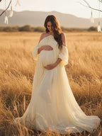 Yellow Mesh Off Shoulder Backless Cami Big Swing Boho Maternity Maxi Dress for Maternity