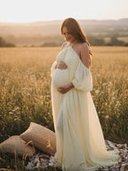 Yellow Mesh Off Shoulder Backless Cami Big Swing Boho Maternity Maxi Dress for Maternity