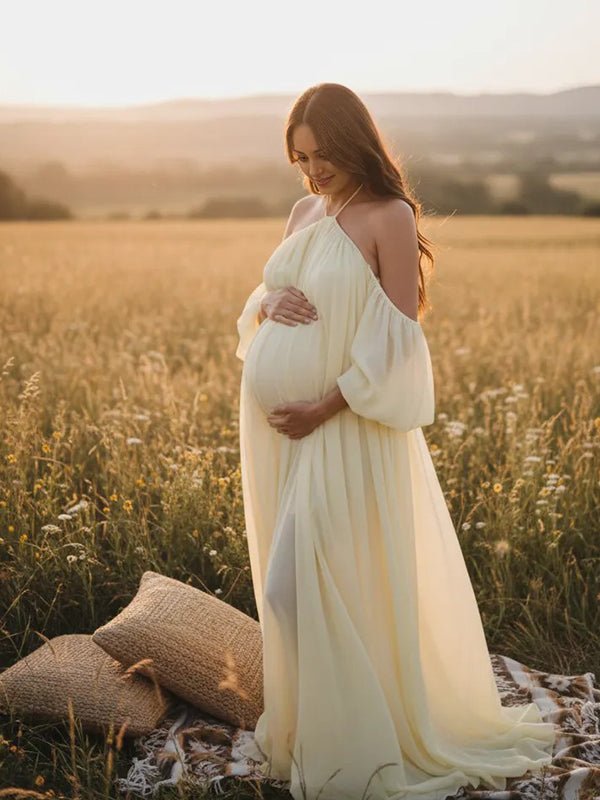 Yellow Mesh Off Shoulder Backless Cami Big Swing Boho Maternity Maxi Dress for Maternity