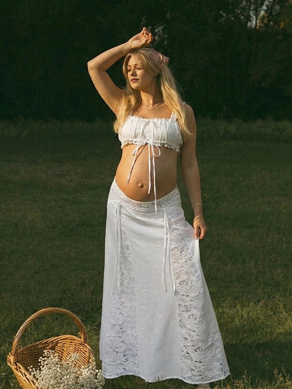 White Lace Drawstring Tank Crop Big Swing Two Piece Set Maternity Maxi Dress for Maternity