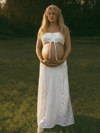 White Lace Drawstring Tank Crop Big Swing Two Piece Set Maternity Maxi Dress for Maternity