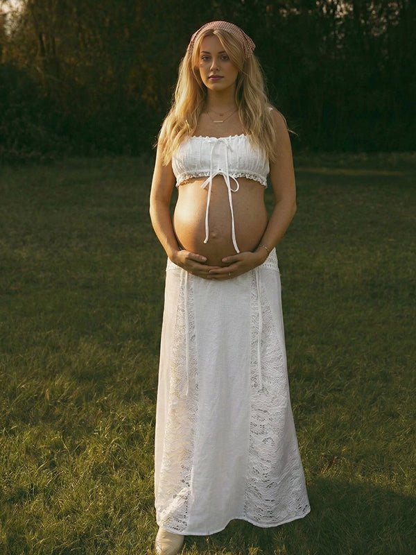 White Lace Drawstring Tank Crop Big Swing Two Piece Set Maternity Maxi Dress for Maternity