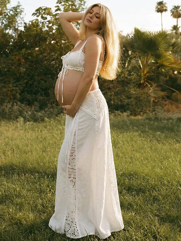 White Lace Drawstring Tank Crop Big Swing Two Piece Set Maternity Maxi Dress for Maternity