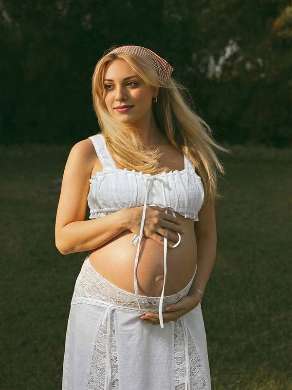 White Lace Drawstring Tank Crop Big Swing Two Piece Set Maternity Maxi Dress for Maternity