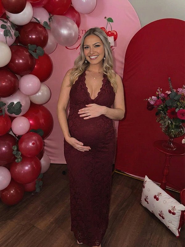 Lace Ruffle Hem Back Slit Backless Bodycon Maternity Maxi Dress for Maternity