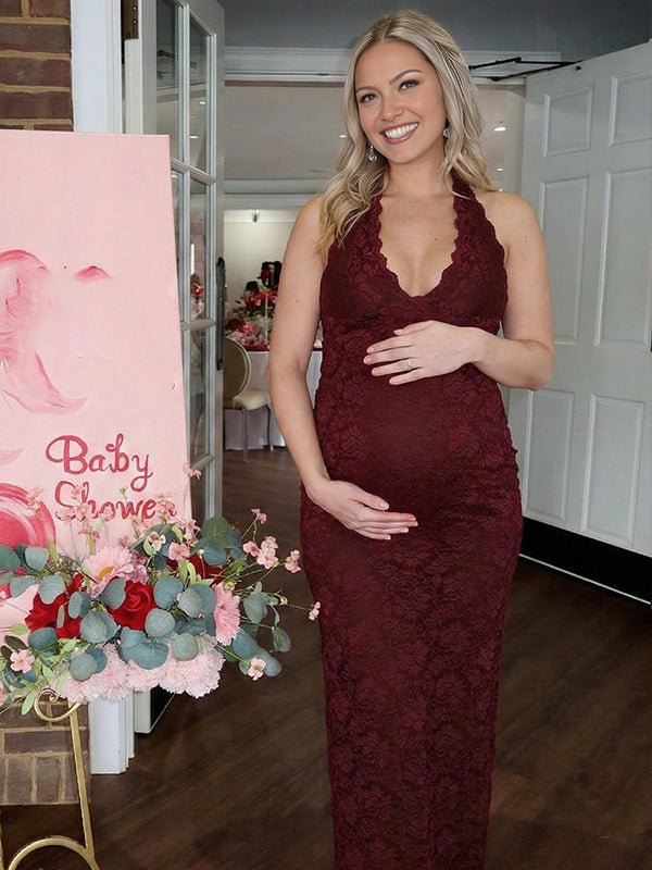 Lace Ruffle Hem Back Slit Backless Bodycon Maternity Maxi Dress for Maternity