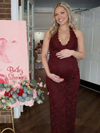 Lace Ruffle Hem Back Slit Backless Bodycon Maternity Maxi Dress for Maternity