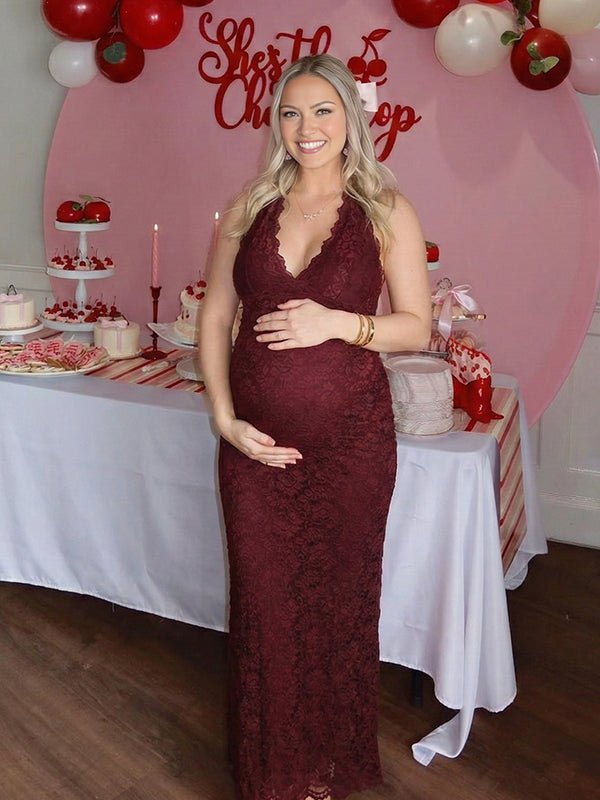 Lace Ruffle Hem Back Slit Backless Bodycon Maternity Maxi Dress for Maternity