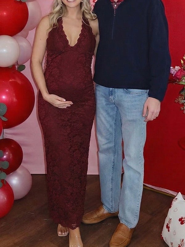 Lace Ruffle Hem Back Slit Backless Bodycon Maternity Maxi Dress for Maternity