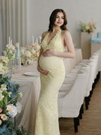 Lace Ruffle Hem Back Slit Backless Bodycon Maternity Maxi Dress for Maternity