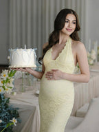 Lace Ruffle Hem Back Slit Backless Bodycon Maternity Maxi Dress for Maternity