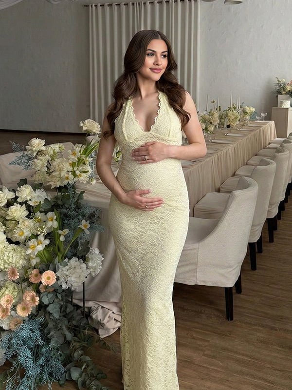 Lace Ruffle Hem Back Slit Backless Bodycon Maternity Maxi Dress for Maternity