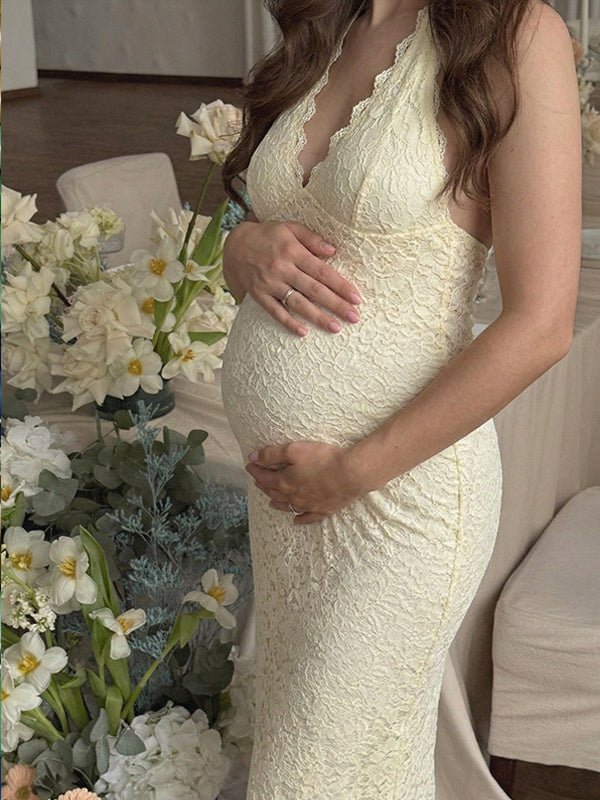 Lace Ruffle Hem Back Slit Backless Bodycon Maternity Maxi Dress for Maternity
