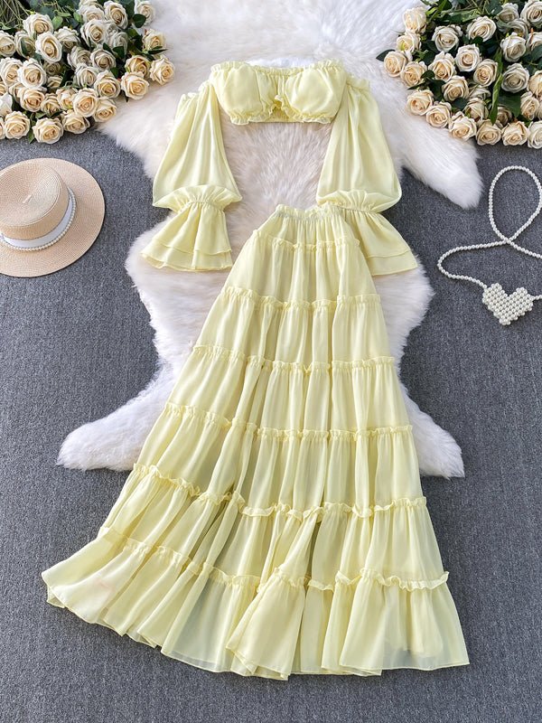 Yellow Off Shoulder Ruffle Crop Big Swing Two Piece Set Maternity Maxi Dress for Maternity