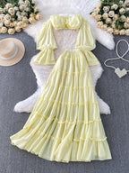 Yellow Off Shoulder Ruffle Crop Big Swing Two Piece Set Maternity Maxi Dress for Maternity