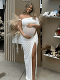 One Shoulder Mesh Patchwork Ruched Side Slit Maternity Maxi Dress for Maternity