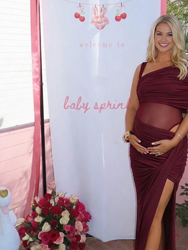 One Shoulder Mesh Patchwork Ruched Side Slit Maternity Maxi Dress for Maternity