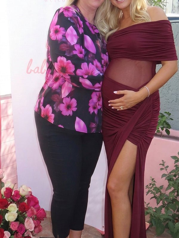 One Shoulder Mesh Patchwork Ruched Side Slit Maternity Maxi Dress for Maternity