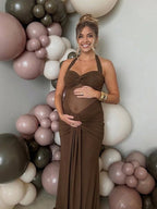 Brown Mesh Ruched Draped Backless Bodycon Elegant Maternity Maxi Dress for Maternity