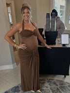 Brown Mesh Ruched Draped Backless Bodycon Elegant Maternity Maxi Dress for Maternity